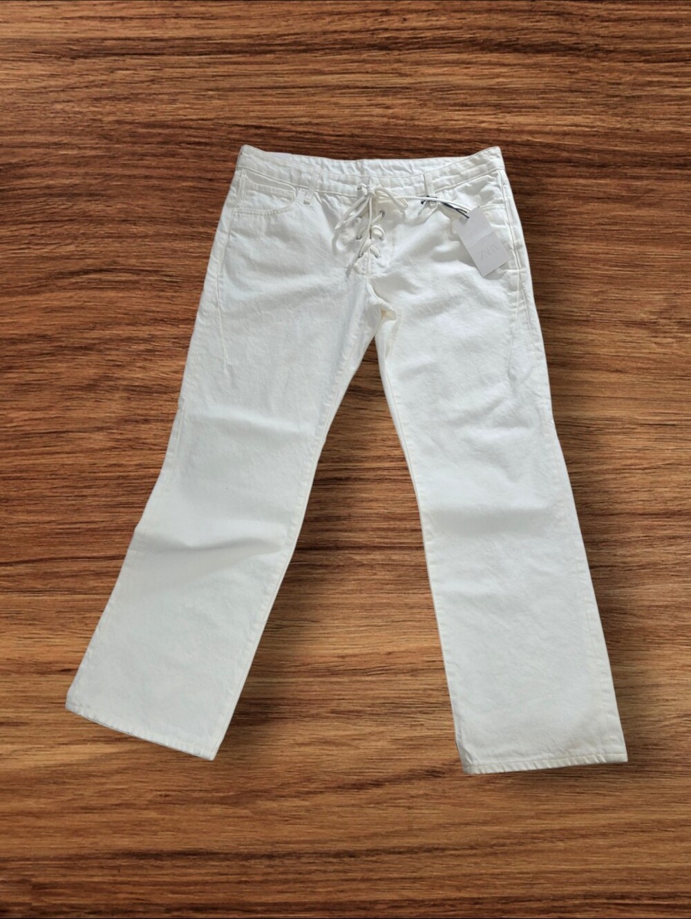 Zara The Lace Up Flare  Pant White Lace-Up Jeans NWT